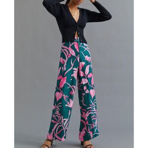 Anthropologie Tropical Floral Breezy Printed Wide Leg Straight Pants Size 14